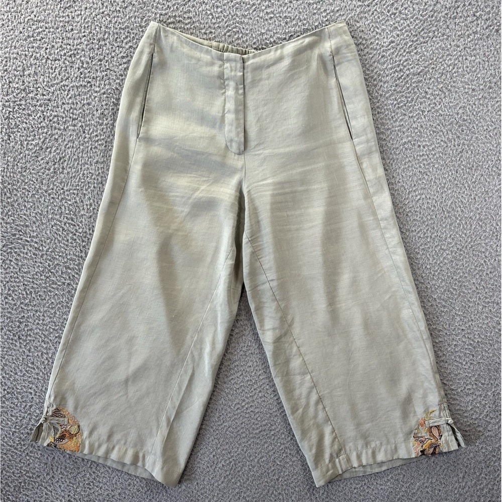 Citron Santa Monica Pants Womens XS Silk Linen Toggle Wide Leg Embroidered Green